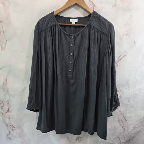 J Jill Shirt Womens XL Gray Dark Long Sleeve Henley Blouse Popover Crepe Pure - Picture 1 of 11